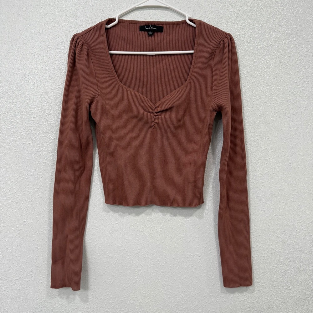Love Tree Ribbed Sweetheart Neck Long Sleeve Crop Top Terracotta Mauve XL 9830WN